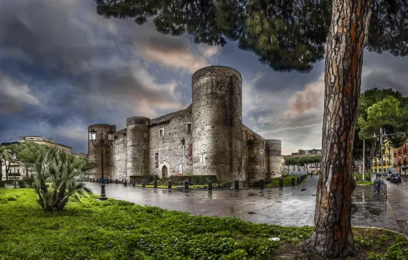 Castle, tree, wall, treatment, lights, Italy, Sicily, Sicilia
