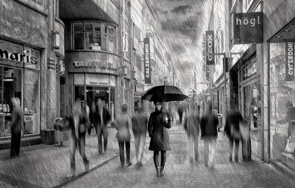 Picture rain, street, umbrella, art, Lady Rain