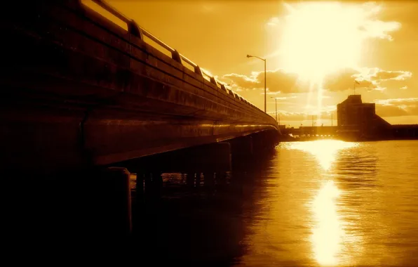 Sunset, Water, Bridge