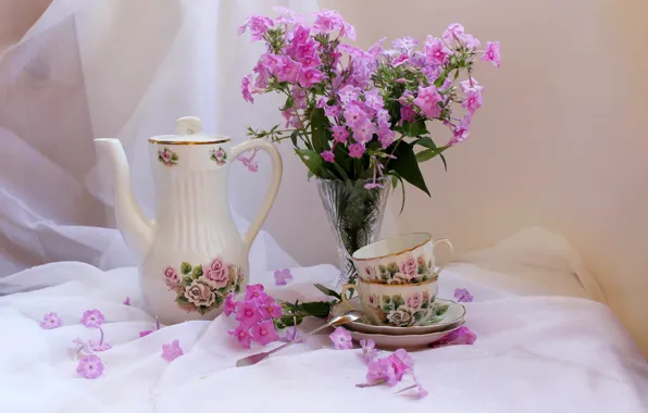 Flowers, table, kettle, Cup, vase, still life, tablecloth, saucers