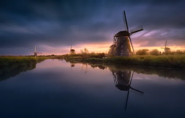 Water, light, the evening, channel, Netherlands, windmills