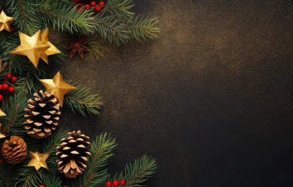 Stars, branches, berries, the dark background, Shine, sequins, fruit, Christmas