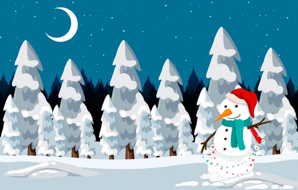 Forest, stars, snow, night, the moon, graphics, a month, ate
