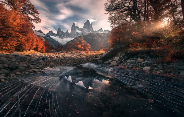 Autumn, reflection, mountains, Patagonia