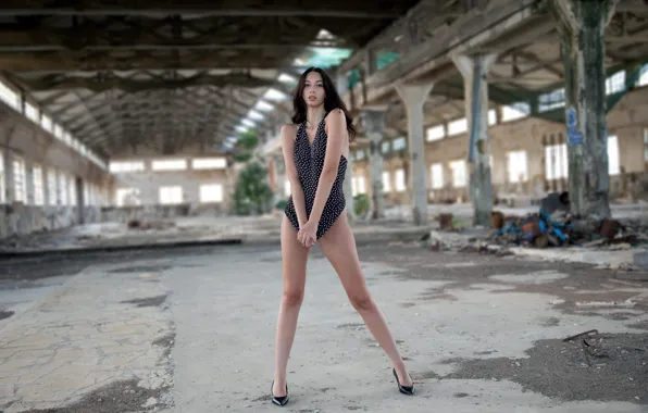 Long hair, model, warehouse, brunette, sexy woman, photoshoot, posing, hot babe