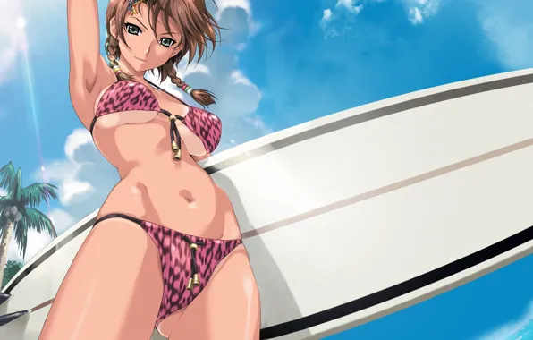 Sea, swimsuit, girl, clouds, palm trees, surfing, Board