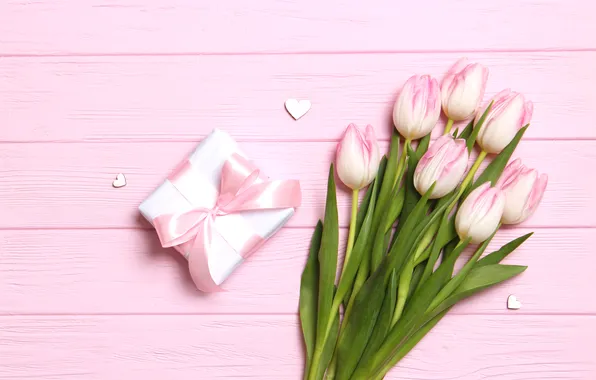 Flowers, gift, bouquet, tulips, pink, wood, pink, flowers