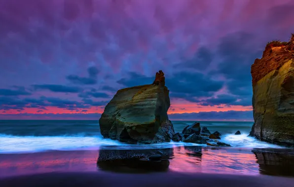 Sea, sunset, rocks, New Zealand, New Zealand, Taranaki, The Tasman sea, Tasman Sea