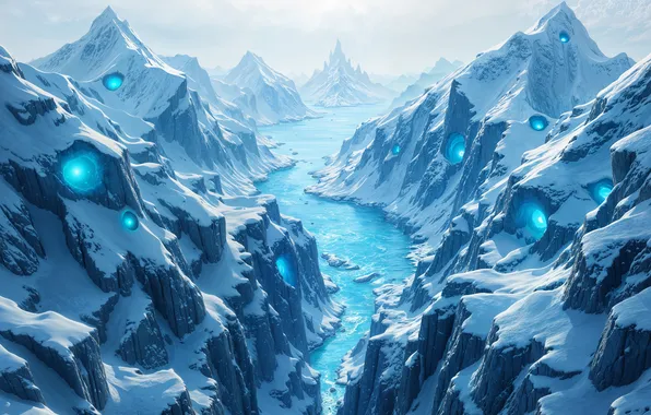 Winter, clouds, light, snow, mountains, river, rocks, the slopes