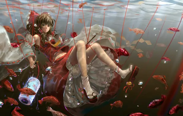 Picture girl, fish, anime, art, flashlight, bow, under water, touhou