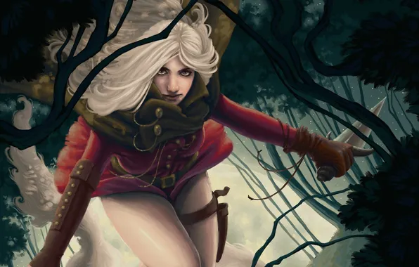 Forest, girl, jump, thicket, art, daggers, Kelly Perry