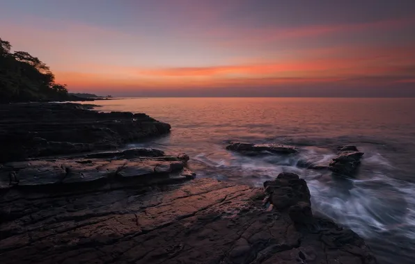 Picture water, sunset, nature, stones, shore, The ocean