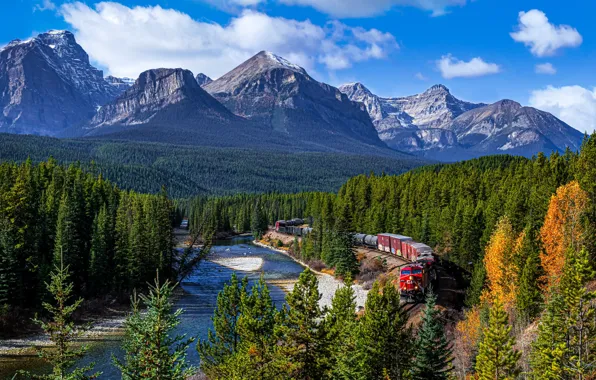 Picture forest, trees, mountains, river, train, Canada, Albert, Banff National Park