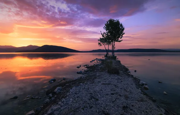 Clouds, trees, sunset, lake, stones, hills, shore, dal