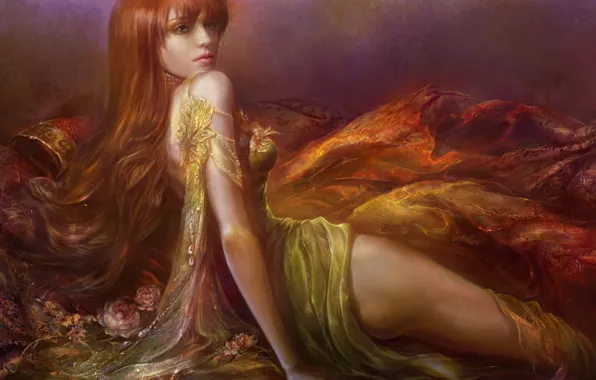 Girl, flowers, hair, figure, bed, dress, lies, red