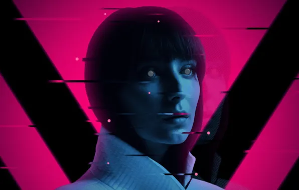 Girl, future, eyes, art, neon, cyberpunk, face, pink and blue