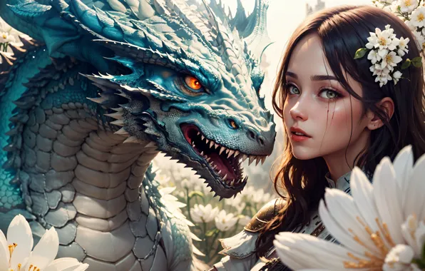 Picture girl, dragon, Asian, AI art, neural network