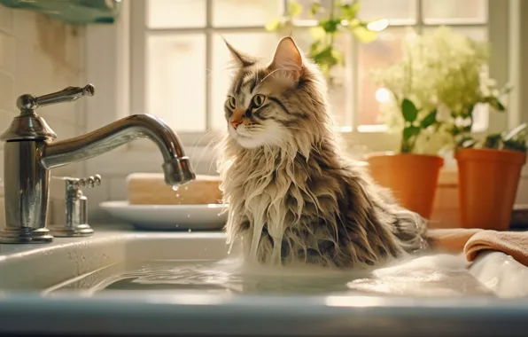 Cat, cat, look, foam, water, light, wet, pose