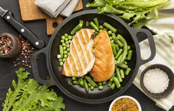 Greens, table, towel, chicken, knife, meat, pepper, spices