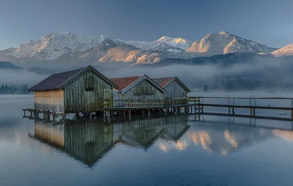 Winter, mountains, lake, haze, houses for boats