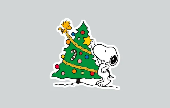 Christmas, grey background, Woodstock, Snoopy, Snoopy, decorating the Christmas tree, Little Bird Woodstock, decorating the …