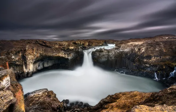 The sky, stones, overcast, rocks, waterfall, Iceland, Aldeyjarfoss