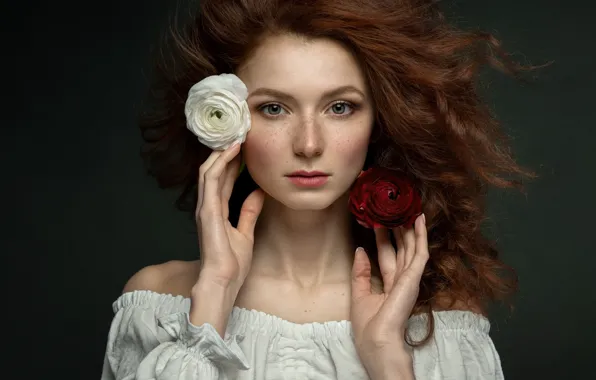 Picture look, pose, background, model, portrait, roses, hands, makeup