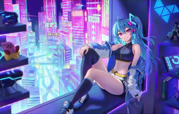 Picture girl, purple eyes, anime, cyberpunk