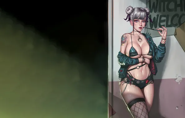 Girl, sexy, lingerie, wet, bra, cleavage, shorts, thighhighs