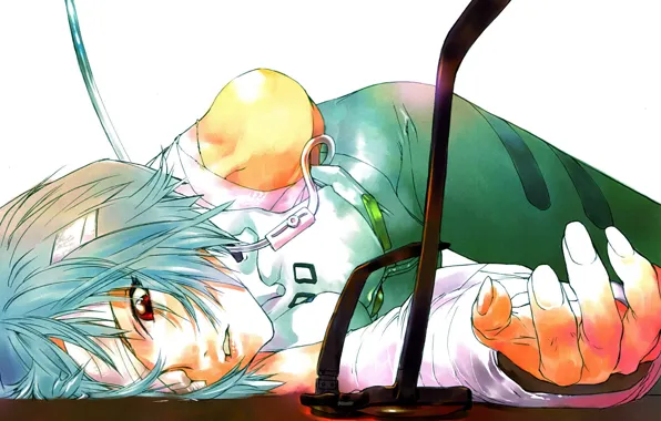 Hand, glasses, lies, pain, red eyes, Neon Genesis Evangelion, art, Ayanami Rei