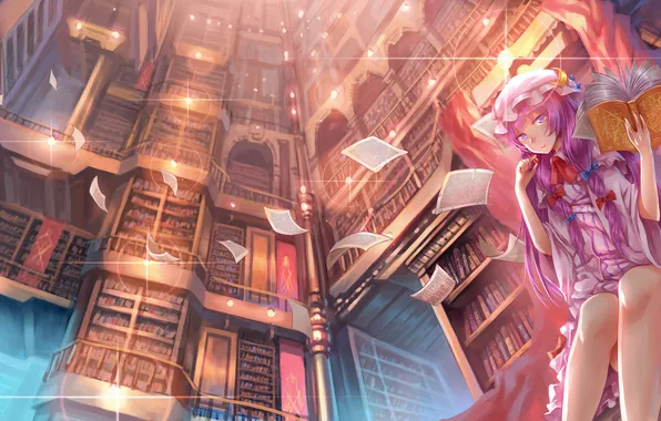 Picture look, girl, book, library, sheets, gesture, touhou, art