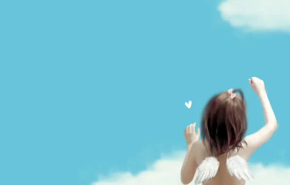 Picture clouds, blue, back, wings, girl, bow, heart