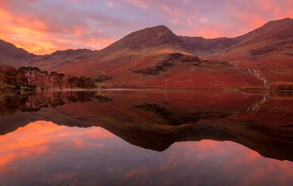 The sky, trees, mountains, lake