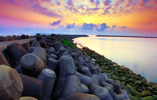 Picture road, sea, the sky, clouds, sunset, dam