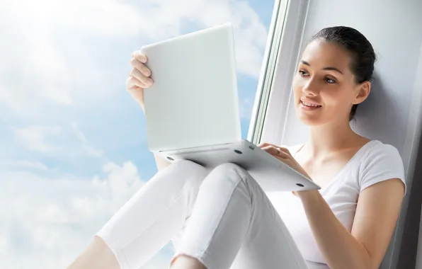 The sky, smile, window, laptop, sill, brown hair, t-shirt, pants