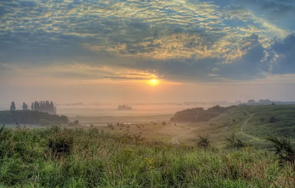 The sky, grass, the sun, morning, valley