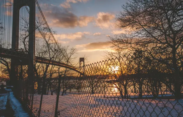 Winter, the sun, clouds, snow, sunset, river, the fence, New York