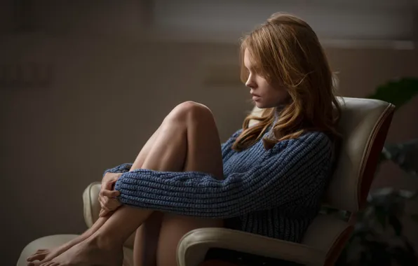 Girl, pose, feet, model, chair, sweater, Anastasia Shcheglova, Chris Bos