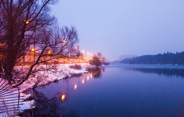 Road, the sky, machine, lake, spring, the evening, lights, Russia