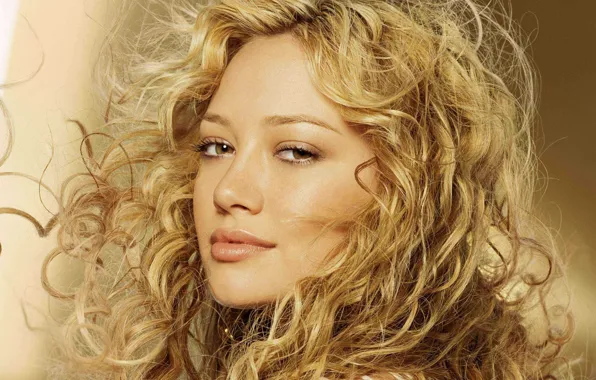 Look, hair, actress, blonde, lips, white background, Hilary Duff, curls