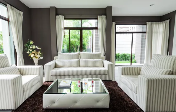 Design, photo, table, sofa, carpet, interior, curtains, living room