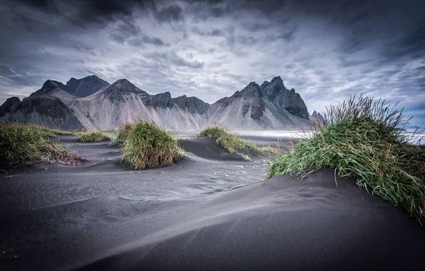 The sky, grass, mountains, Iceland, Vestrahorn, Stockksness, black sand