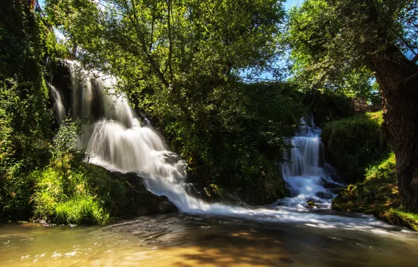 Picture greens, the sun, trees, waterfall, Spain, the bushes, Guadalajara, Trillo
