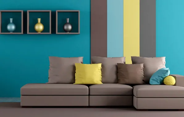 Design, style, interior, sofa, the play of colors, living room, vases, shelves