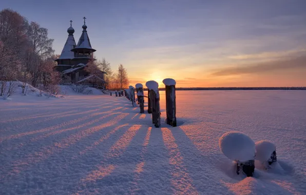 Picture winter, snow, landscape, nature, village, shadows, Karelia, Church