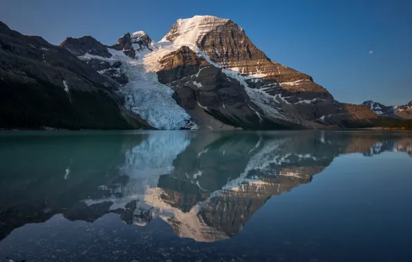 Snow, mountains, lake, reflection, rocks, Canada, Berg Lake, Mount Robson Provincial Park