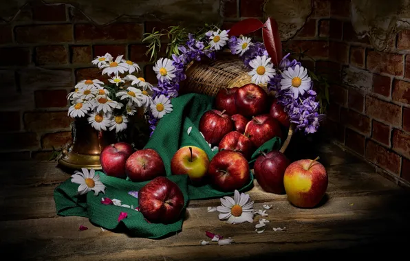 Flowers, the dark background, apples, food, chamomile, fabric, still life, basket