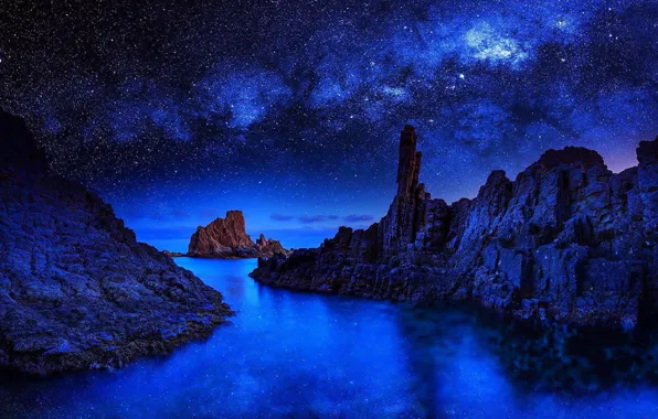 Picture stars, night, river, rocks, beauty