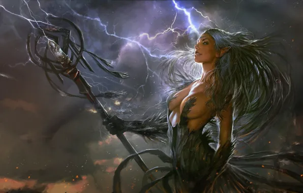The storm, girl, storm, the wind, lightning, hair, figure, dress