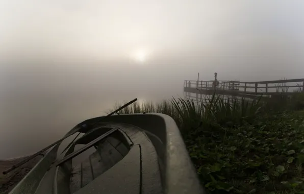 Fog, lake, boat, morning